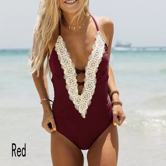 HP!! π Deep V Neck Floral Lace Monokini - Picture 1 of 3